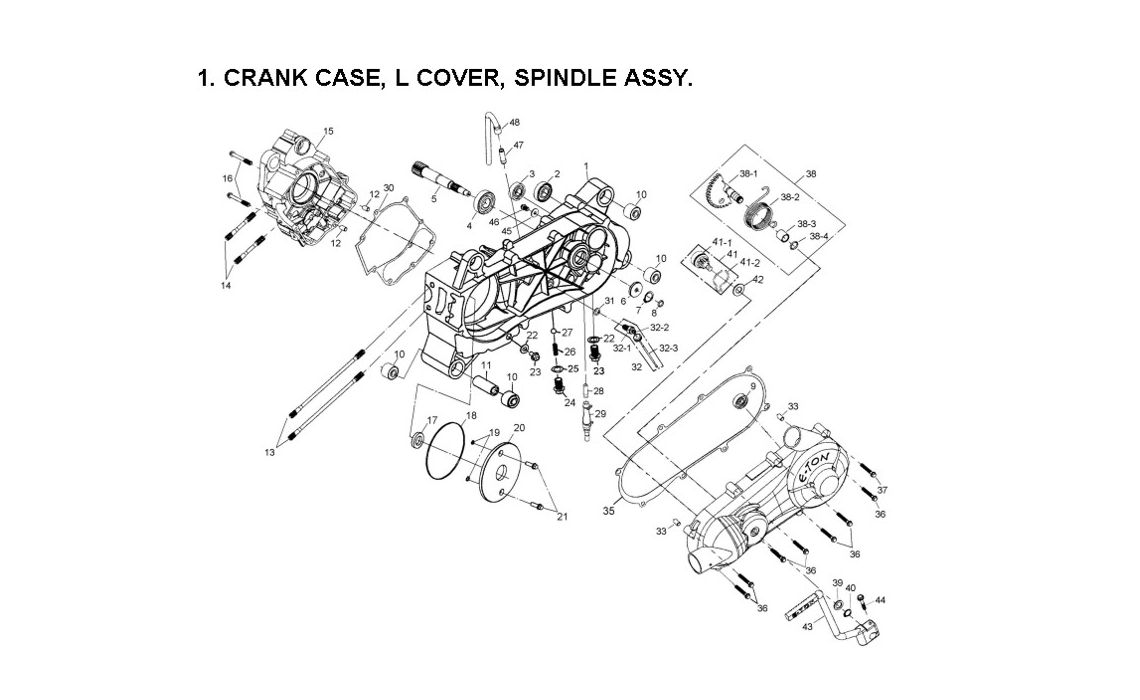 Delebilde CRANK CASE, L COVER, SPINDLE ASSY. E-Ton Challenger 150 Grønn 2005