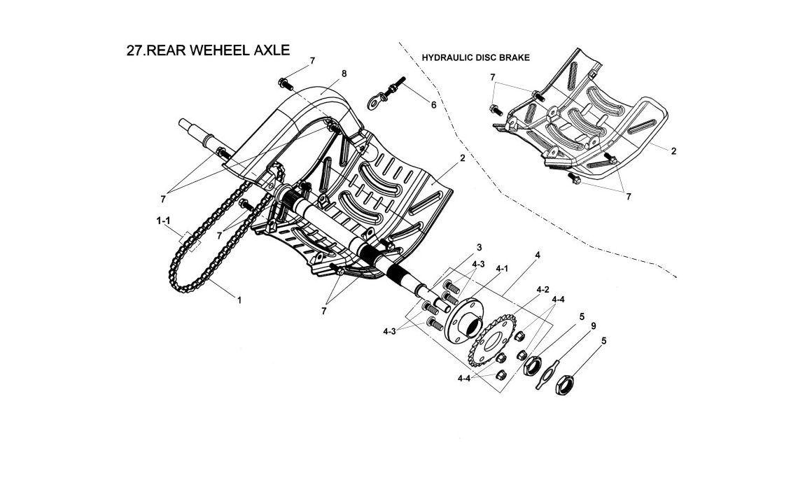 Delebilde REAR WHEEL AXLE (DRUM BRAKE) E-Ton Challenger 150 Grønn 2005