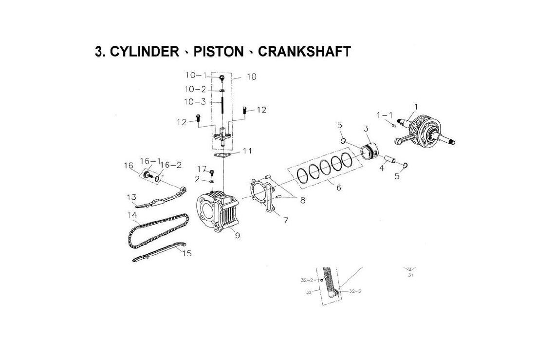 Delebilde CYLINDER, CRANKSHAFT, PISTON E-Ton Viper 90 R (4 takt) Alle 2008