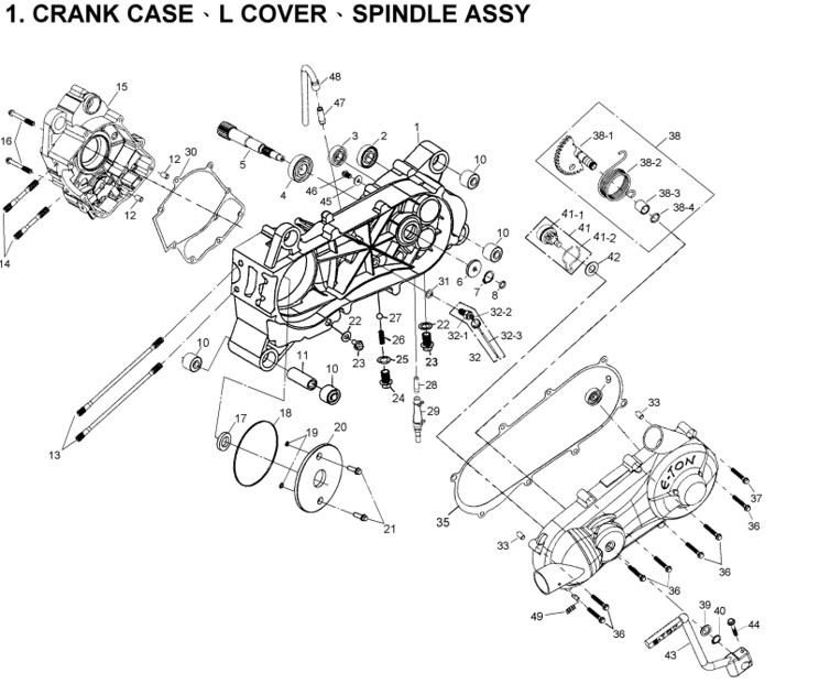Delebilde CRANK CASE, L COVER, SPINDLE ASSY. E-Ton Yukon 150 ST Alle 2004