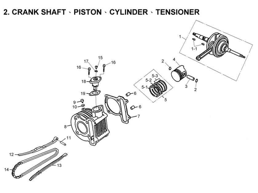 Delebilde CRANKSHAFT, PISTON, CYLINDER, TENSIONER E-Ton Yukon 150 ST Alle 2004
